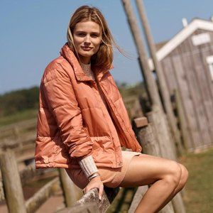 Madewell Travel Buddy Puffer Jacket Womens XS Salmon Orange Packable Neck Pillow